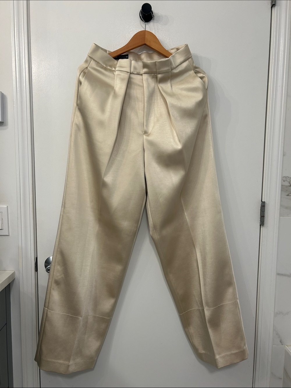 NWT Zara Satin High-Waist Wide-Leg Trousers in Light Champagne